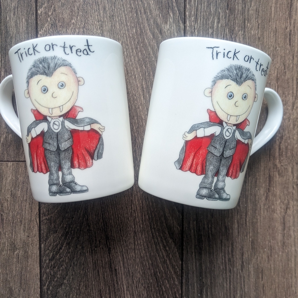 Vintage Halloween Vampire Trick or Treat Roy Kirkham Bone China Mugs